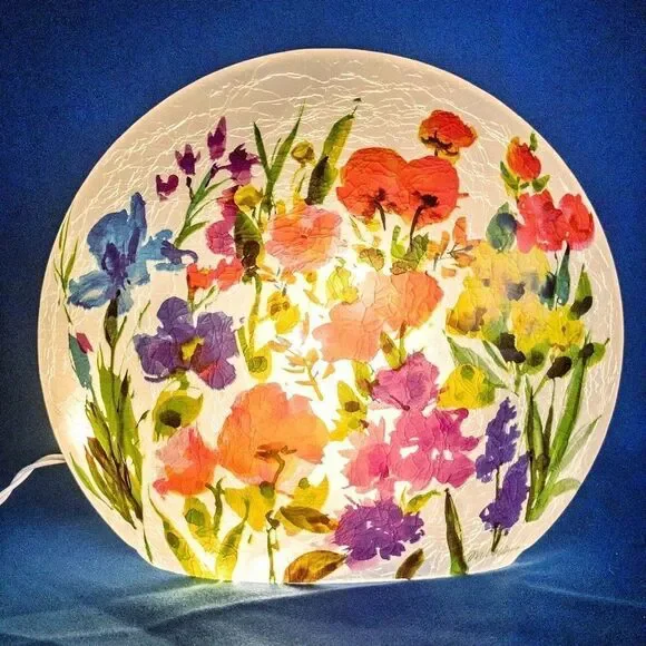 Spring Florals Glass Lighted Vase Signed Home Decor Illumination - Picture 1 of 14